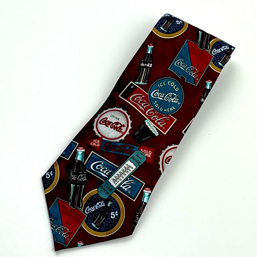Vintage Coca Cola Polyester‎ Tie Burgundy Bottles Caps Signs Thermometer Unique